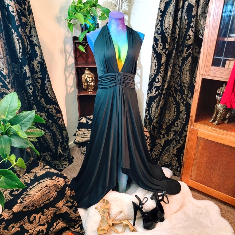Super Sexy deep plunge black Wildflower MFD Floor length formal event party gown